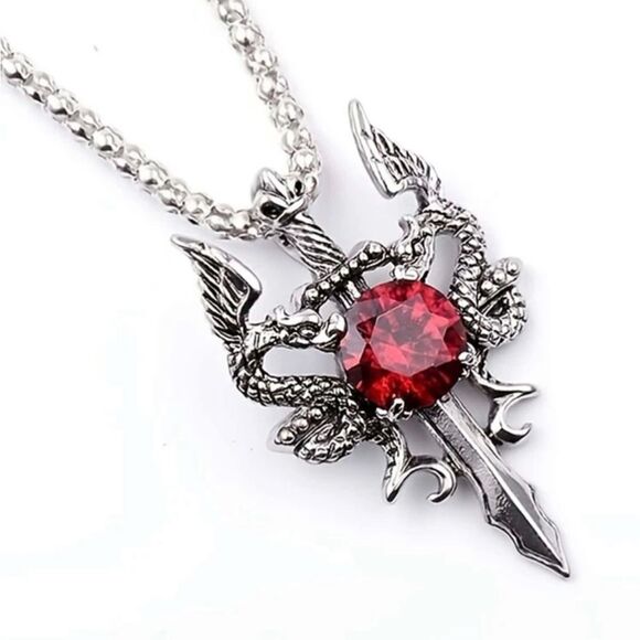 Gothic Vintage Inspired Dragon With Red Jewel accent Silver Tone Engraved Detail - Picture 1 of 3